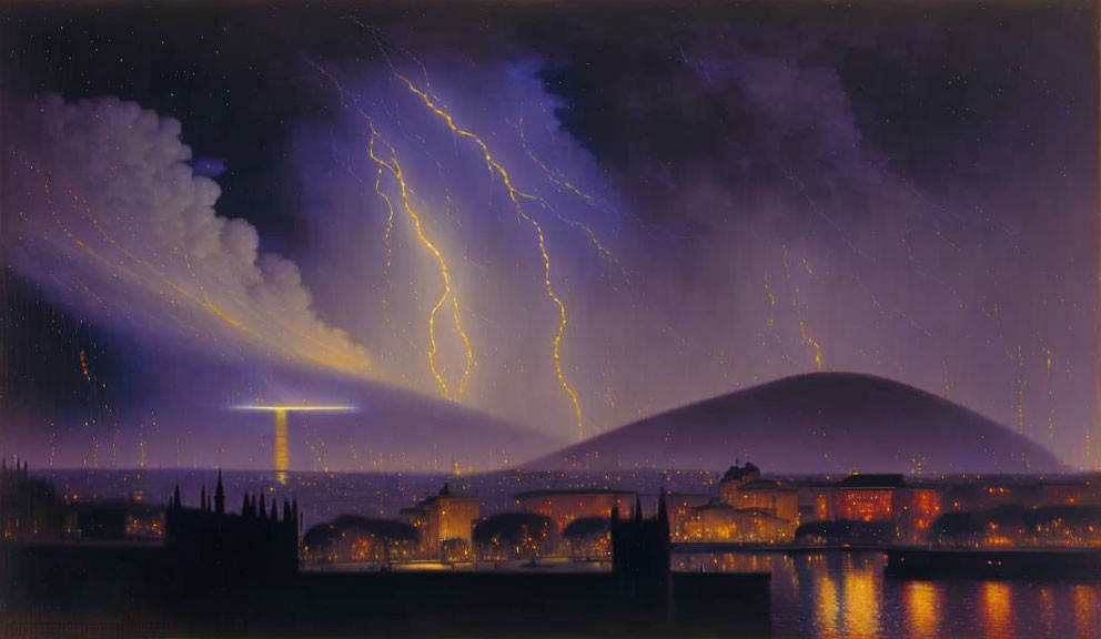 Nocturnal cityscape with waterfront, hill, and stormy sky