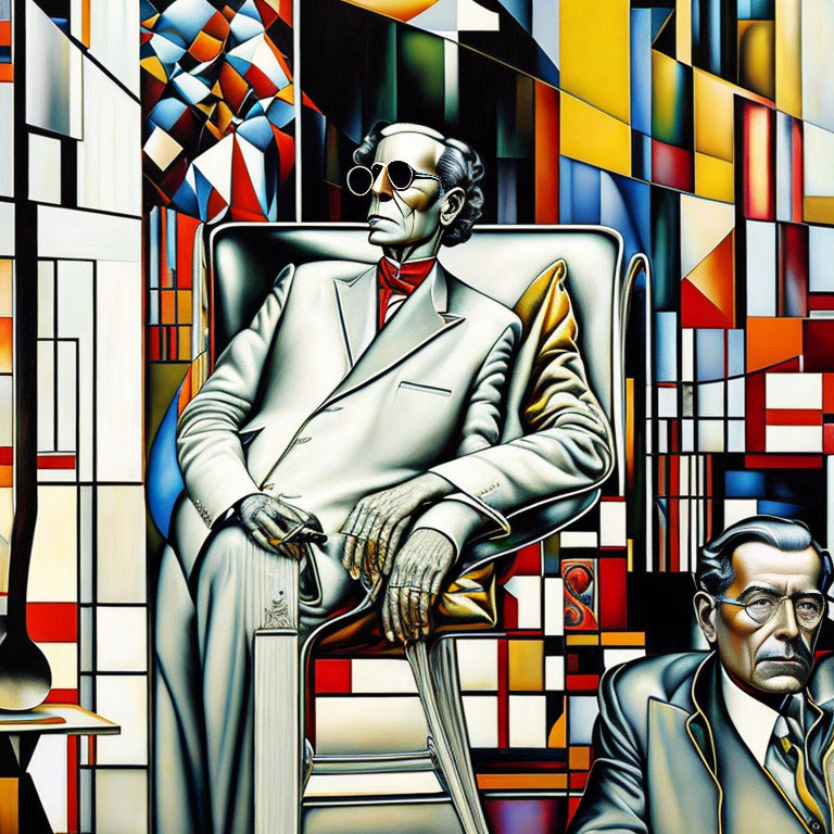 Abstract Cubist Style Painting: Seated and Standing Men in Vibrant Colors