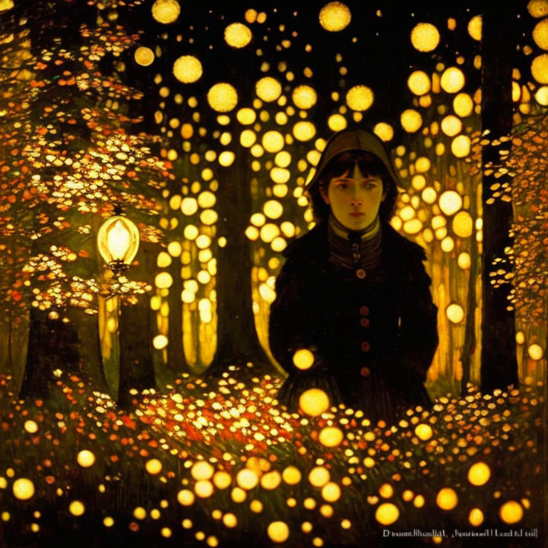 Young girl in dark winter coat surrounded by warm glowing lights in forest at night