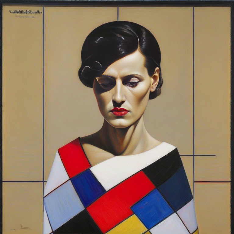 Stylized woman portrait with geometric outfit and red lipstick