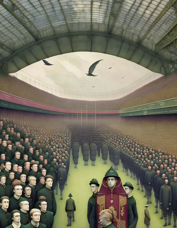 Surreal illustration of vast stadium with uniformed figures and central commander under spotlight