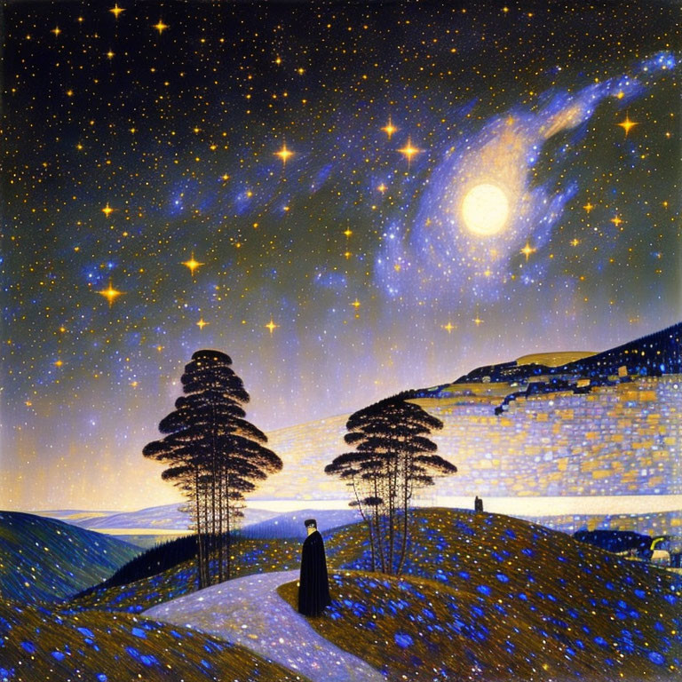 Starry night sky with moon, person, and trees on hill in Van Gogh-inspired fantasy style