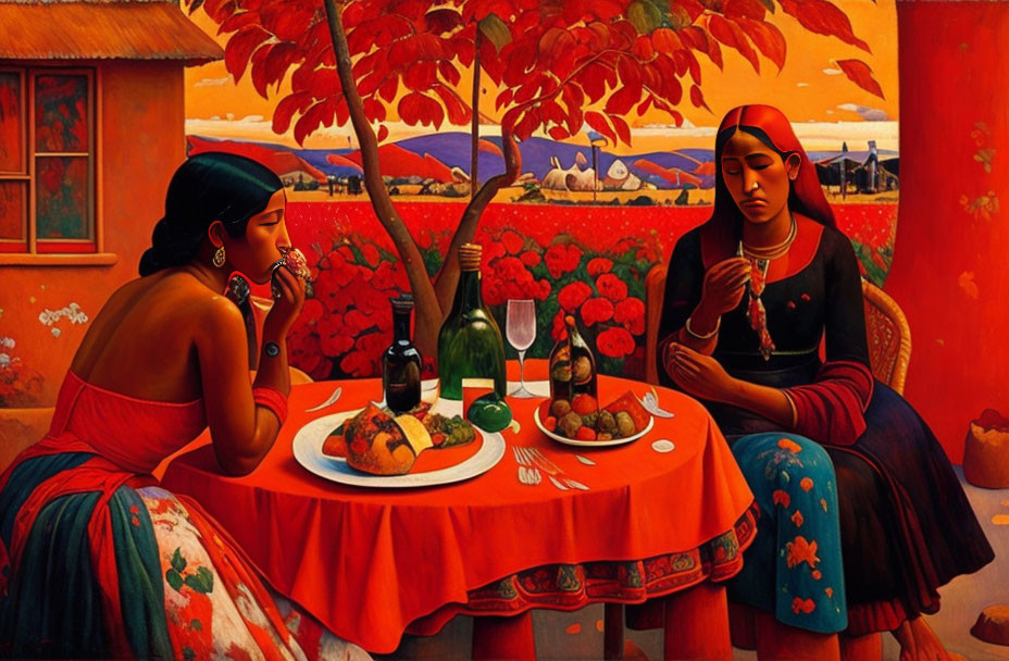 Two women enjoying a meal in a vibrant outdoor setting