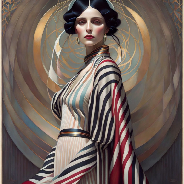 Stylized Art Deco portrait of a woman with geometric patterns