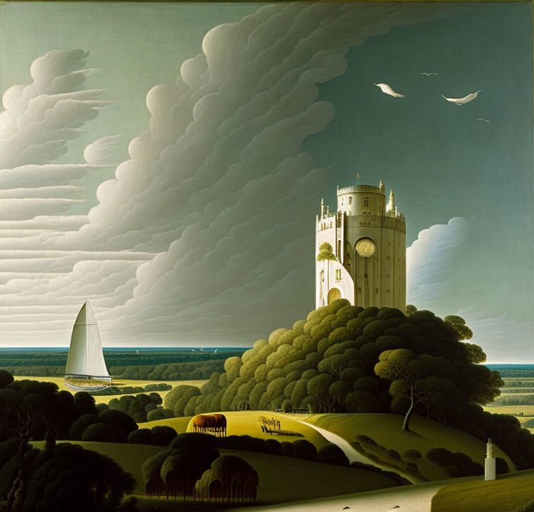 Surreal landscape with gothic tower, sailboat, lush trees, dramatic sky