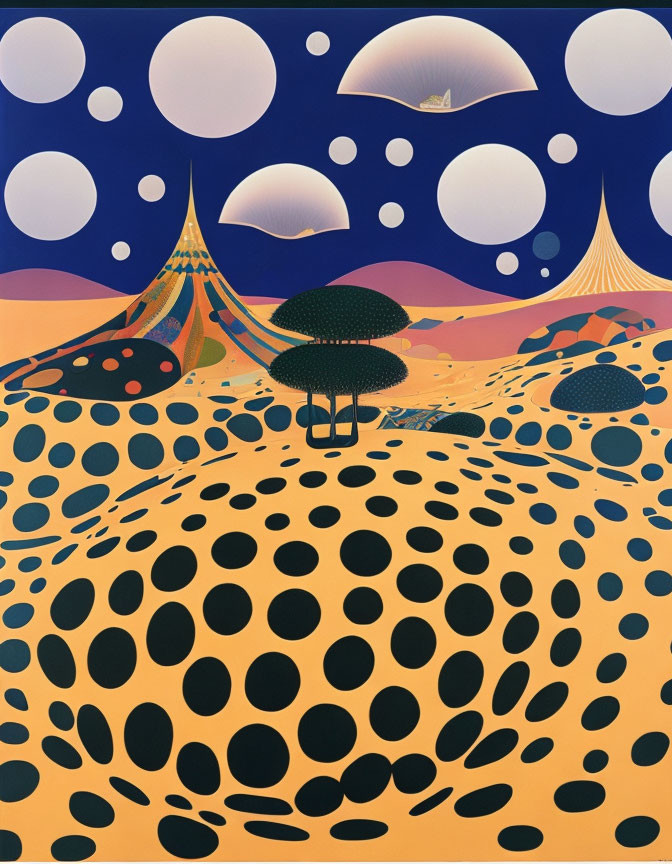 Surreal landscape with polka-dotted hills, stylized trees, and pointed mountains under a