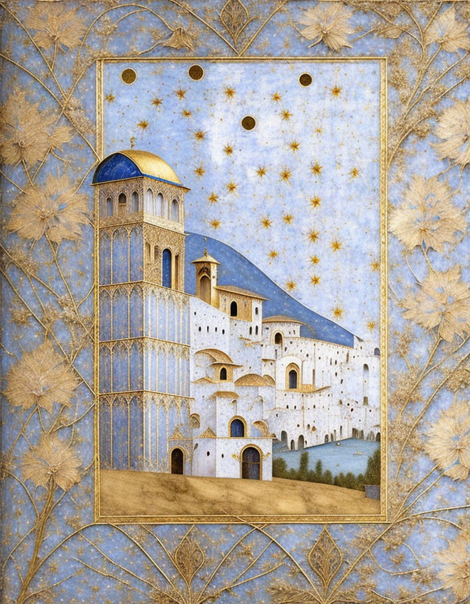 Medieval castle illustration on blue background with gold floral motif