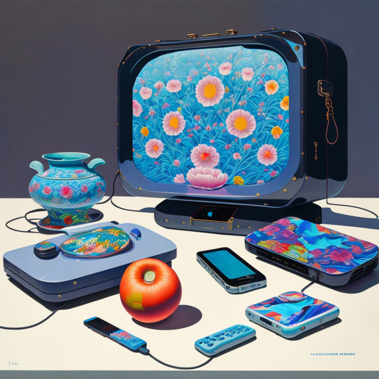 Colorful retro and modern tech objects with floral designs