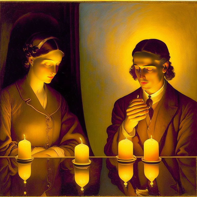 Man and woman at table with candles in warm glow