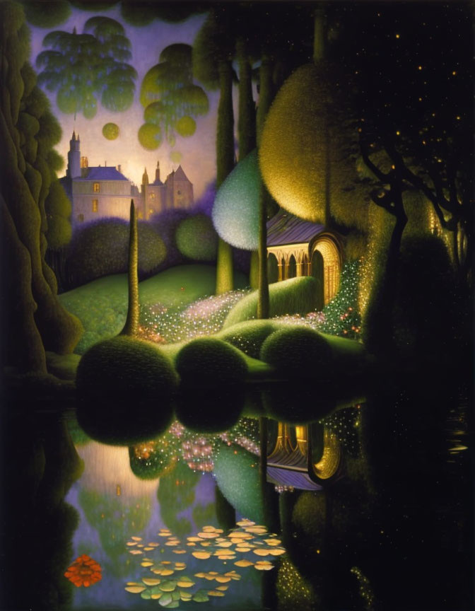 Surreal night landscape with castle, trees, pond, and large moon