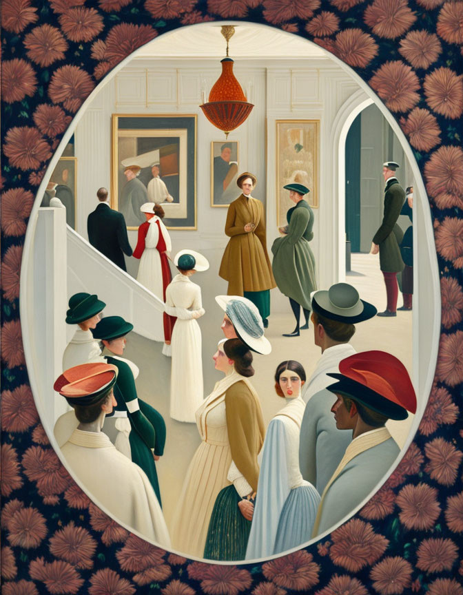 Vintage Art Gallery Scene with Elegantly Dressed Figures