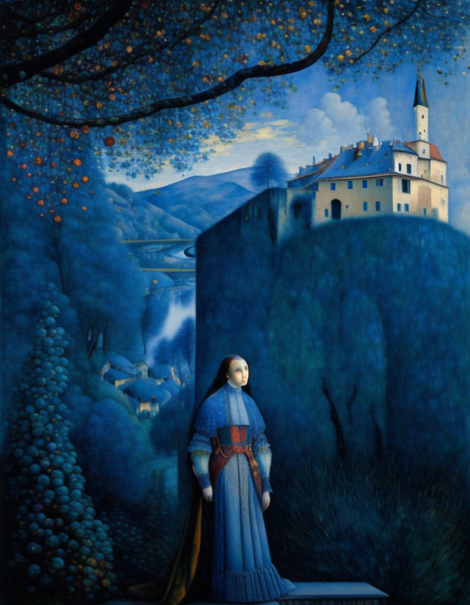 Medieval woman in dress at castle in lush landscape