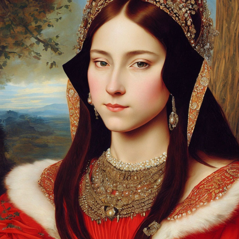 Portrait of woman with fair skin, brown hair, red dress, and ornate headdress in serene