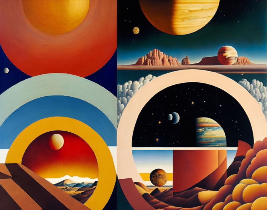 Four Surrealist Landscapes Blending Celestial and Earthly Elements