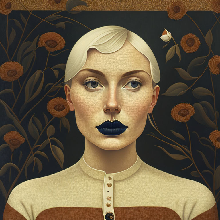 Stylized portrait of woman with pale skin, dark blue lips, blunt haircut, sunflowers,