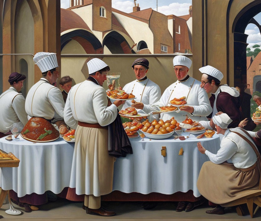 Chefs in traditional attire prepare and discuss dishes in classic kitchen with arches and tiles