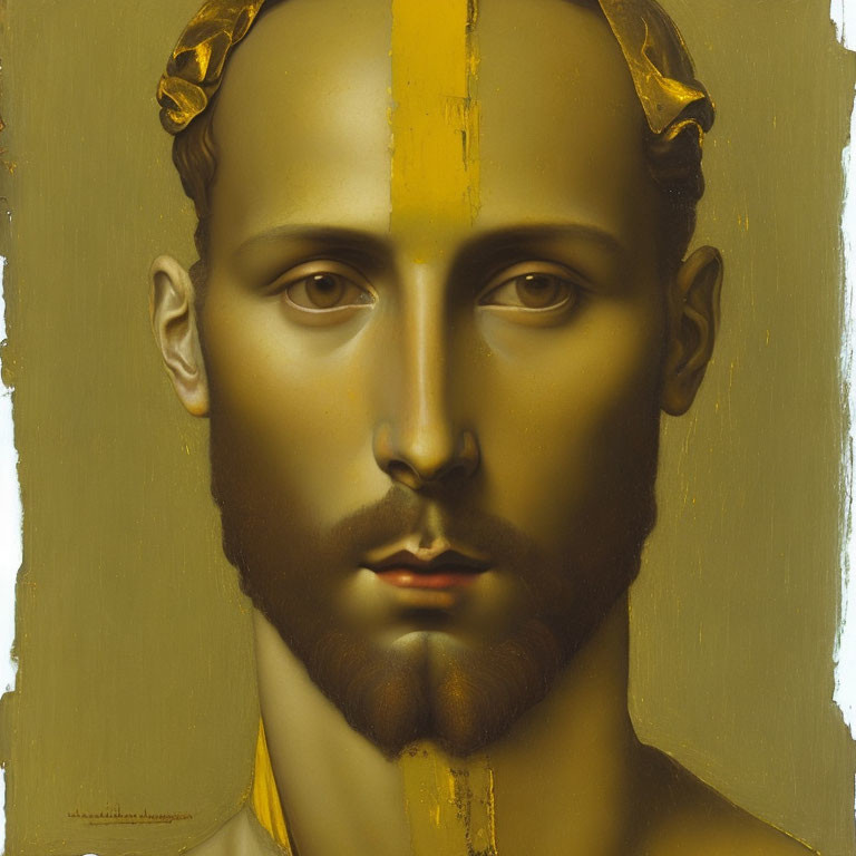 Symmetrical Male Face Portrait with Laurel Crown and Gold Line