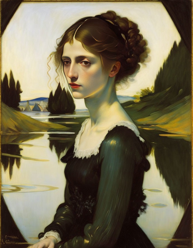 Portrait of a contemplative woman in dark dress against serene landscape