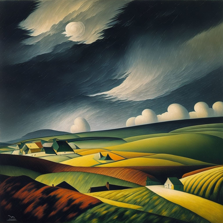 Vivid Stylized Painting of Rolling Hills and Fields