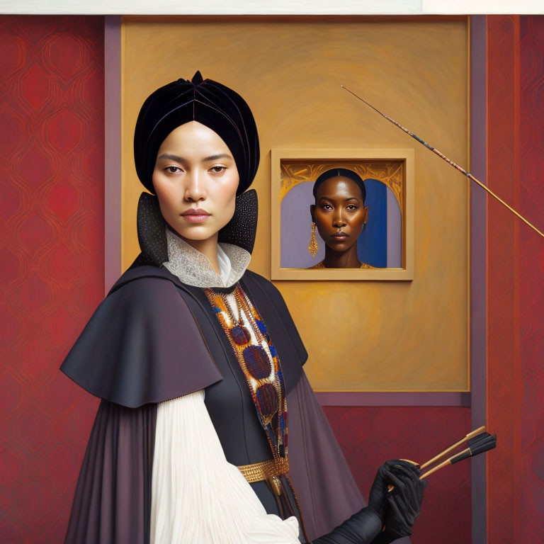 Historical attire portrait with turban and spear next to a painting