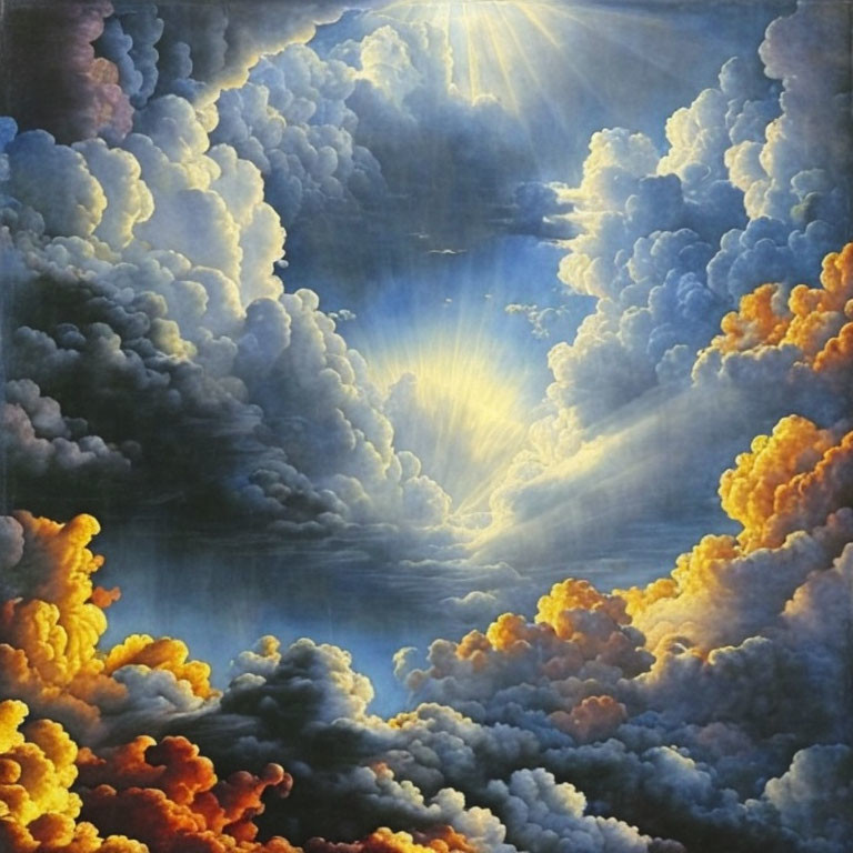 Golden-lit clouds with sunbeams in dramatic painting