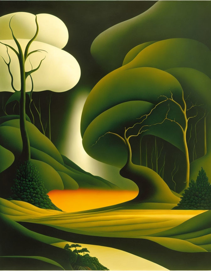 Surreal landscape painting: green hills, barren trees, vibrant sunset