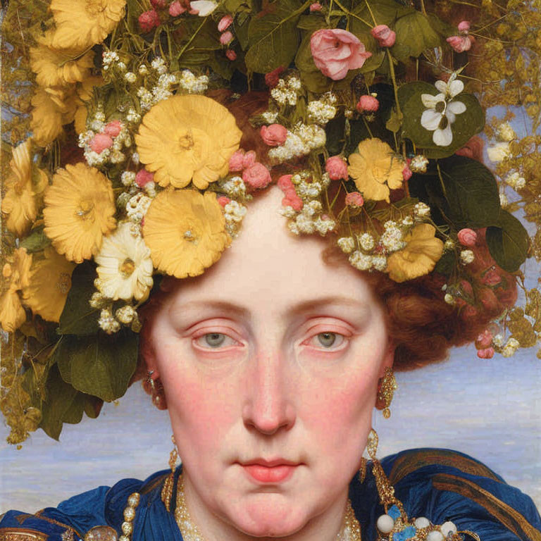 Portrait of Woman with Floral Headdress and Pearl Earrings