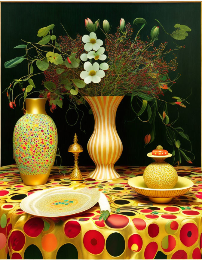 Colorful Still Life with Patterned Vases, Flowers, Plate, and Bell-shaped Object