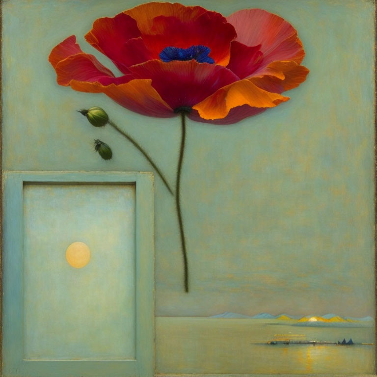 Large Red Poppy Painting Over Serene Seascape in Pale Blue-Green