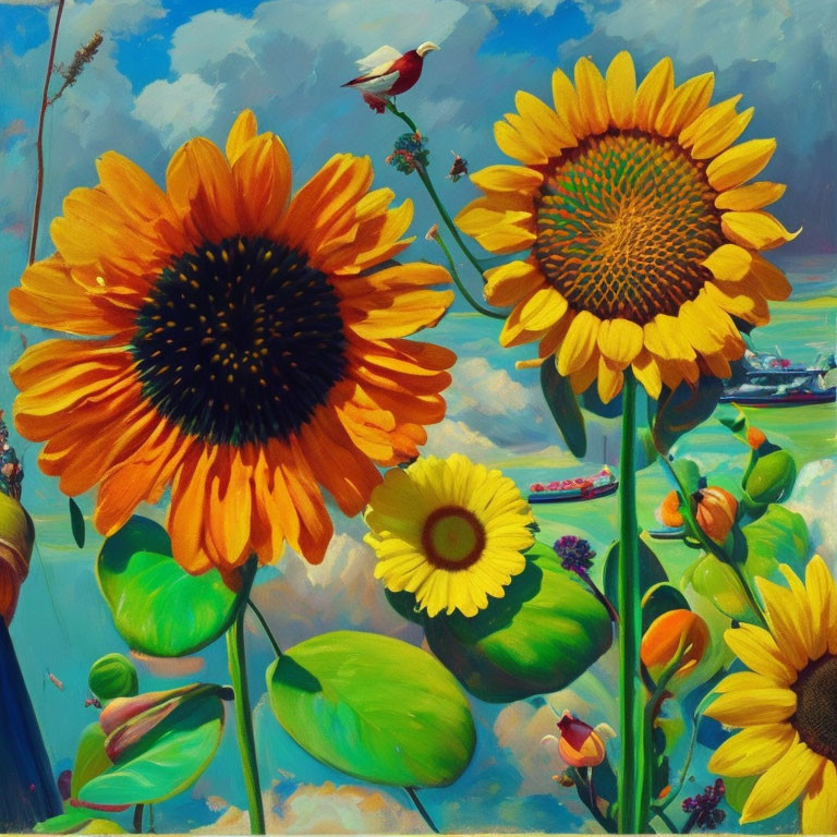 Colorful sunflower painting with bird and boats in background