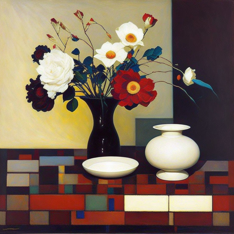 Vibrant flowers in dark and white vases with geometric bowl on table