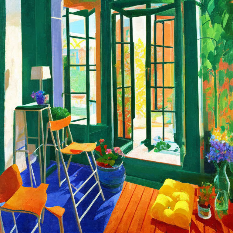 Colorful Painting of Sunlit Room with Green Windows and Flowering Plants