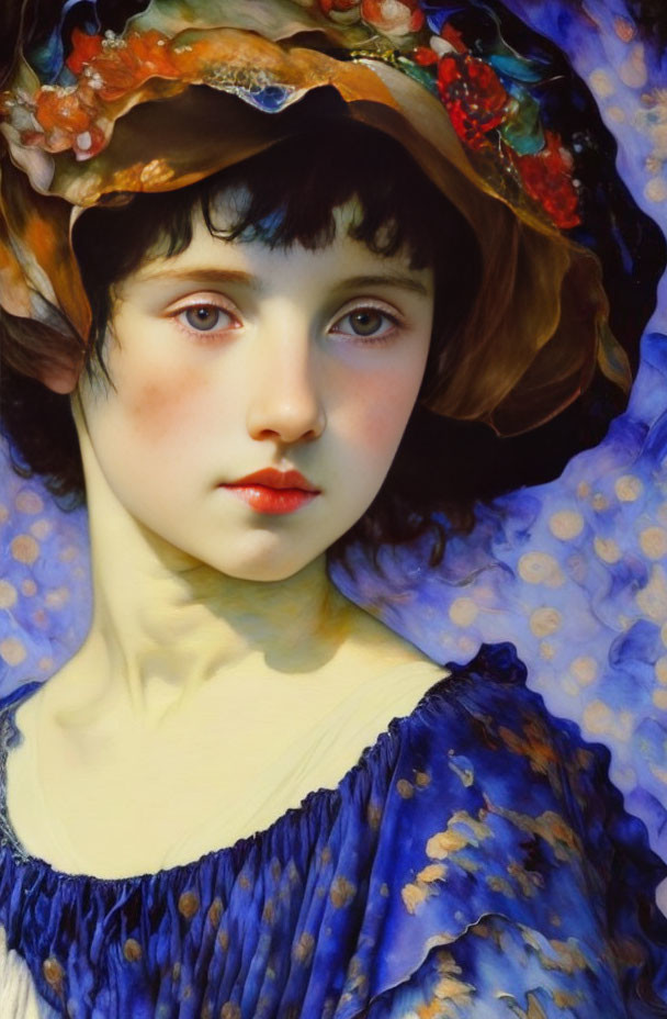 Portrait of Young Girl in Blue Dress with Floral Hat