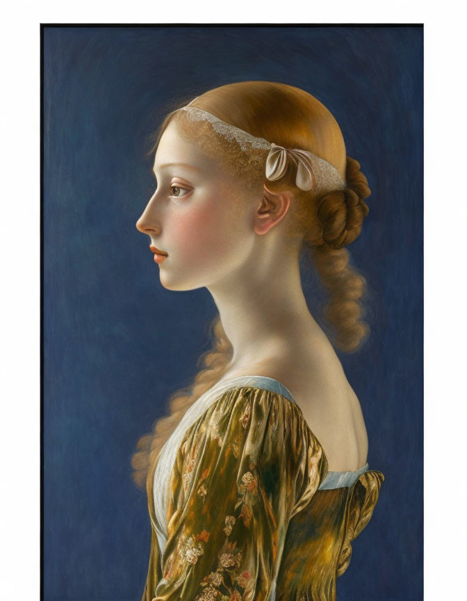 Portrait of a young woman with light brown curly hair, headband, green floral dress, and far