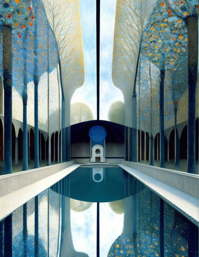 Surreal indoor pool with arches and tree reflections in Van Gogh-esque style