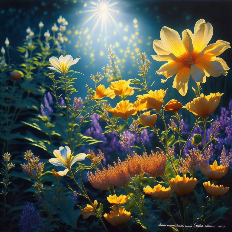 Bright Yellow and White Flowers in Sunlight Among Greenery and Purple Blooms