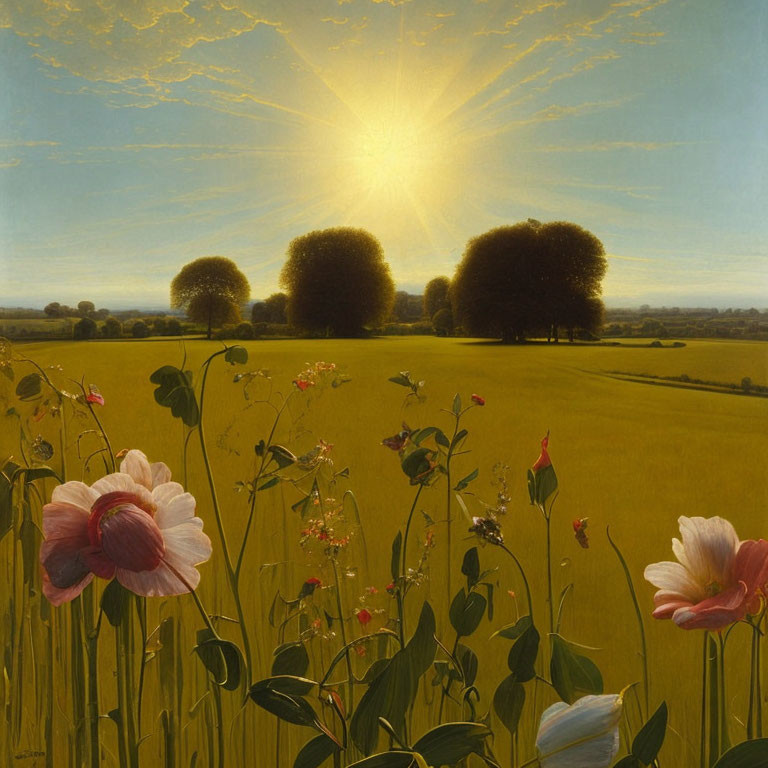 Tranquil landscape painting of sunlit field with round trees and vibrant flowers