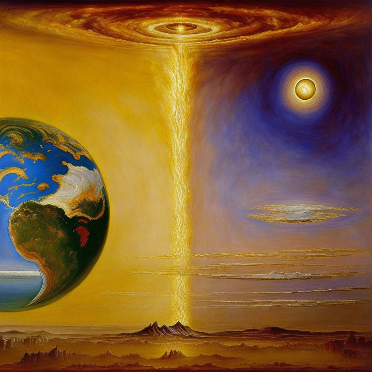 Surrealistic painting of Earth, ringed planet, and star connected by golden beam