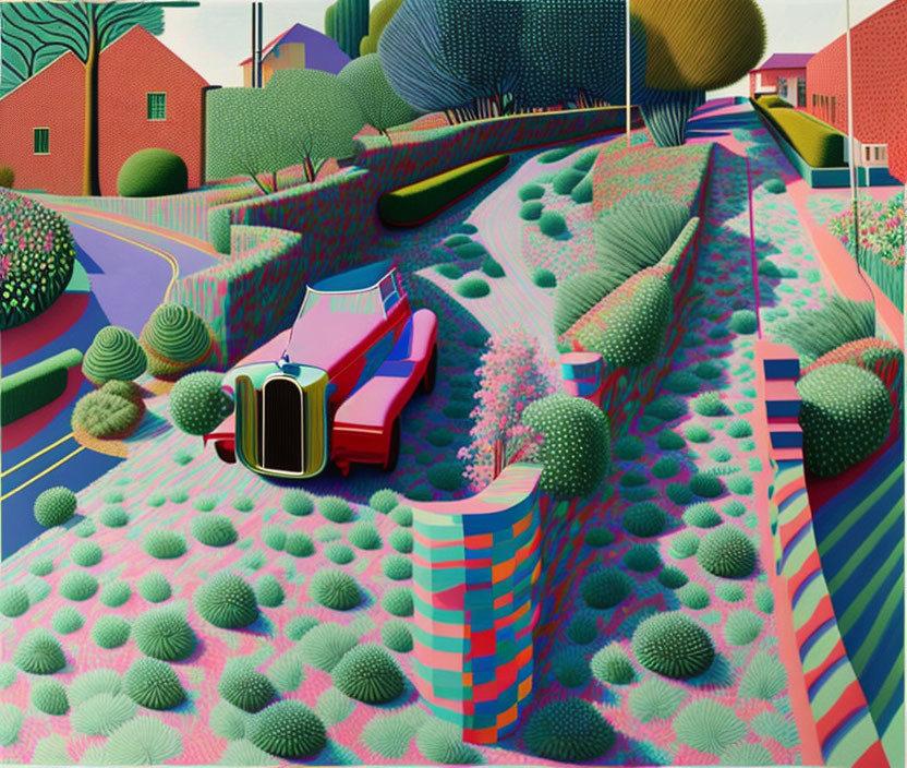 Colorful surreal landscape with red vehicle and patterned vegetation