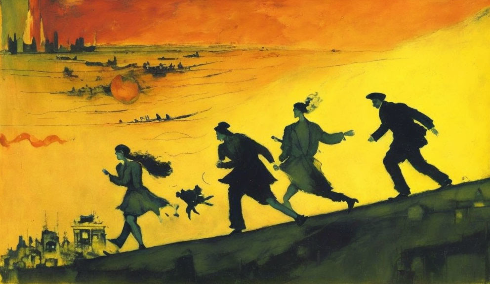 Running silhouettes against orange-yellow backdrop with bright circular object and dark skyline.