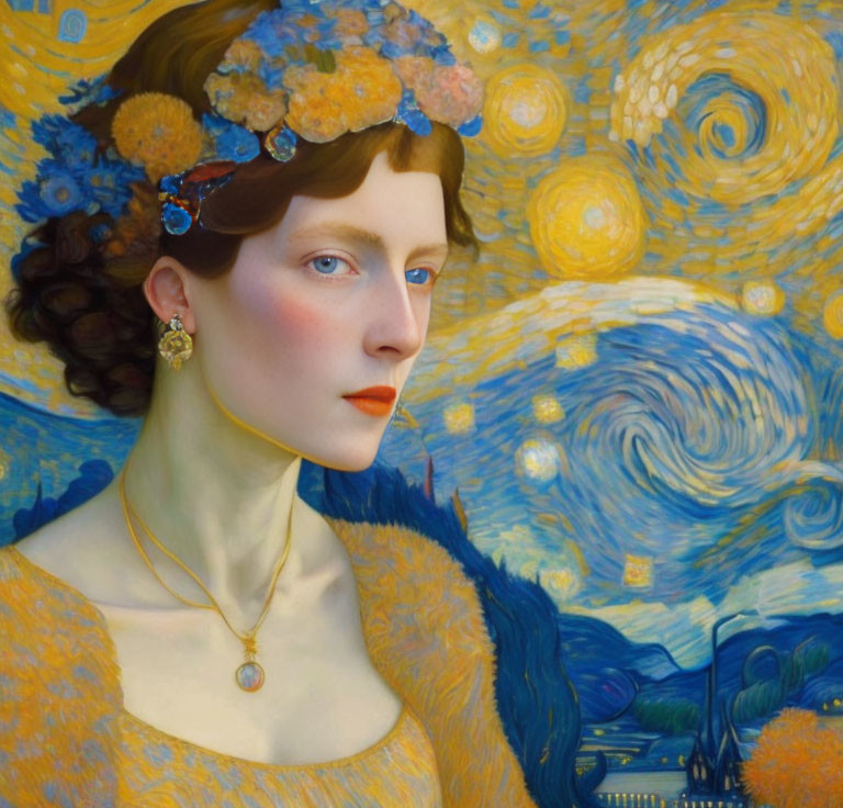 Woman in floral headpiece in Van Gogh-inspired setting with swirling yellow and blue backdrop.