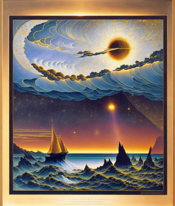 Surrealist Seascape Painting with Golden Clouds and Sailing Ships