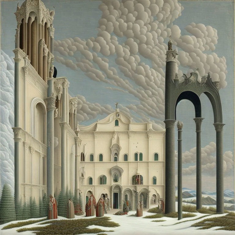 Surreal Painting: Classical Architecture, Disjointed Figures, Cloudy Landscape