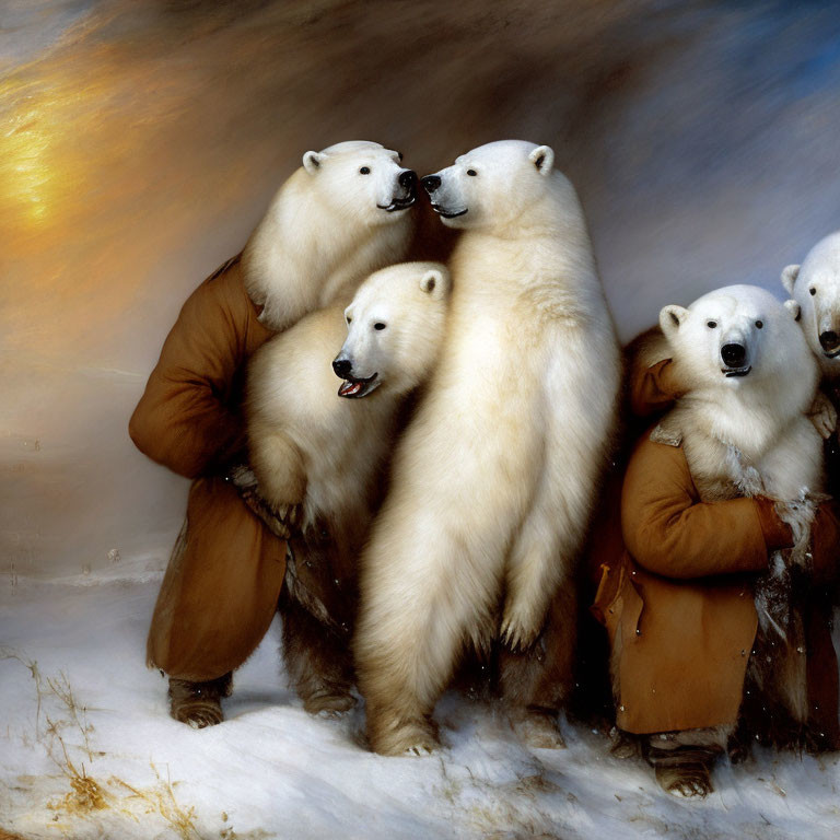 Anthropomorphic Polar Bear Family Embracing in Snowy Scene