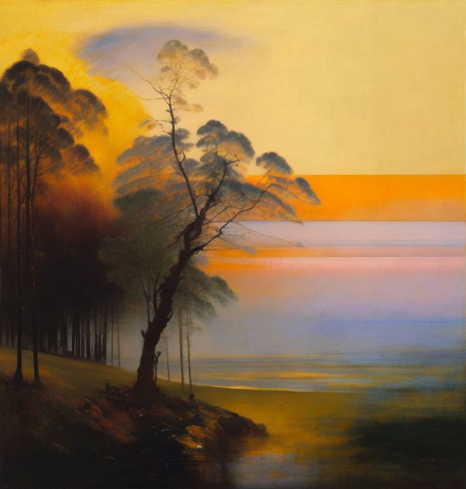 Tranquil landscape painting of serene lake at sunset