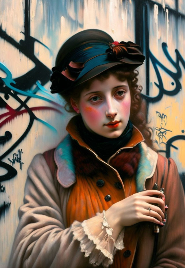 Classical portrait of woman in blue hat and brown coat against graffiti wall