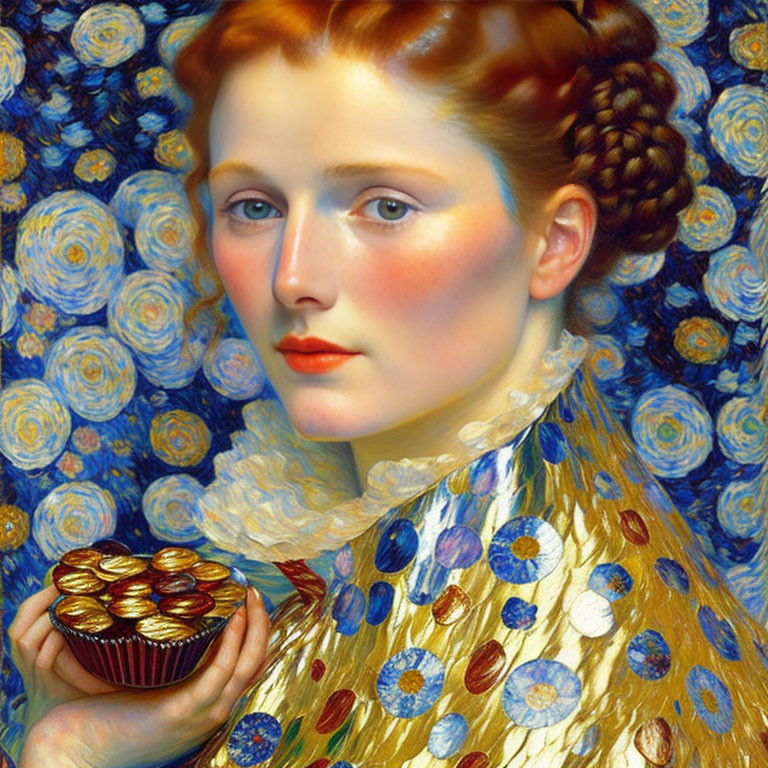 Portrait of Woman with Braided Hair and Gold Cloak Holding Box of Chocolates