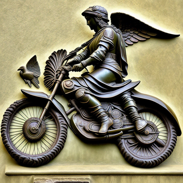 Embossed artwork of winged warrior on motorcycle with bird.