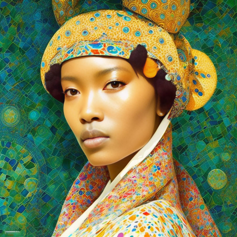 Colorful Digital Artwork: Woman in Headwrap with Mosaic Background