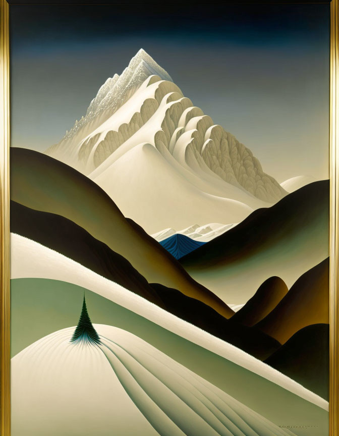 Snowy Mountain Painting with Rolling Hills and Solitary Tree